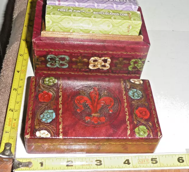 Antique Embossed Leather 2 Playing Card Decks Holder & 2 Decks Cards - Italy