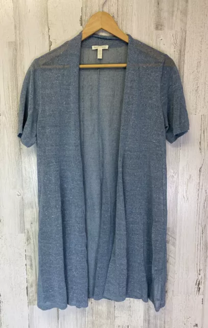 Eileen Fisher Blue Open Front Cardigan Linen Blend Knit Short Sleeve Sz M