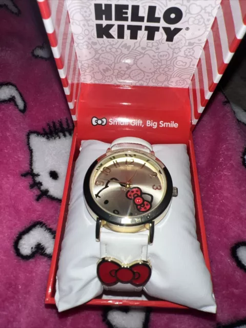 Hello Kitty Watch Gold Face, White Leather Strap,  Red Bow New In Box