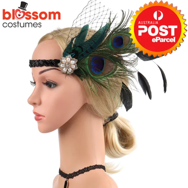 N905 Pearl Peacock Gatsby Headpiece Flapper Costume Feather Headband Headdress