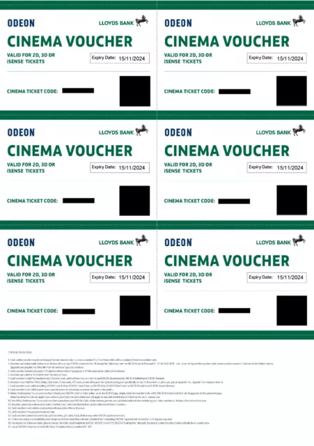 6 x Club Lloyds Odeon Cinema Tickets - expiry 15/11/24