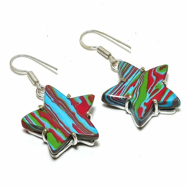 Star Rainbow Calsilica Gemstone Handmade Ethnic Jewelry Earring 1.77" TN-648