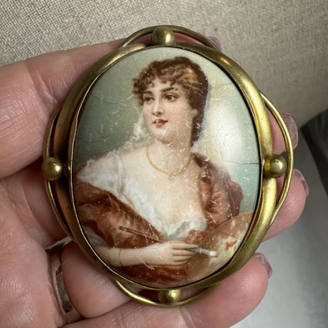 Large hand painted Victorian porcelain portrait brooch gold toned