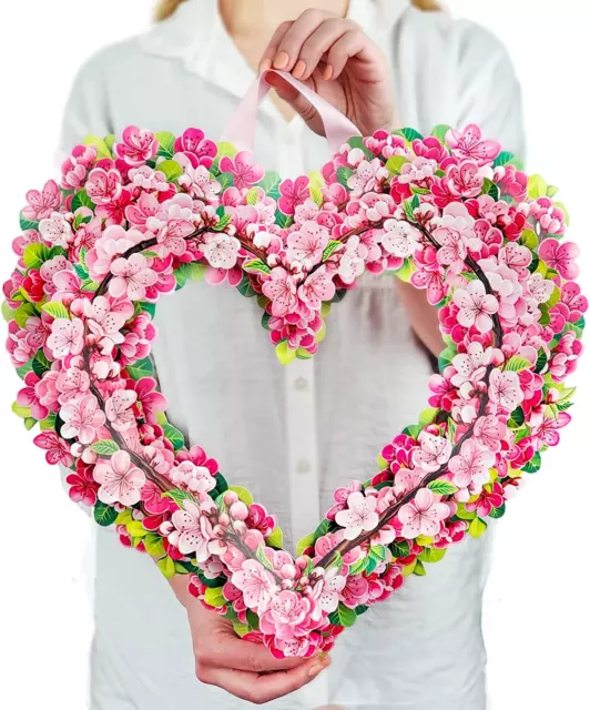 Pop up Cherry Blossom Heart Wreath, 15 Inch Floral Paper Wreath, Reuseable Faux