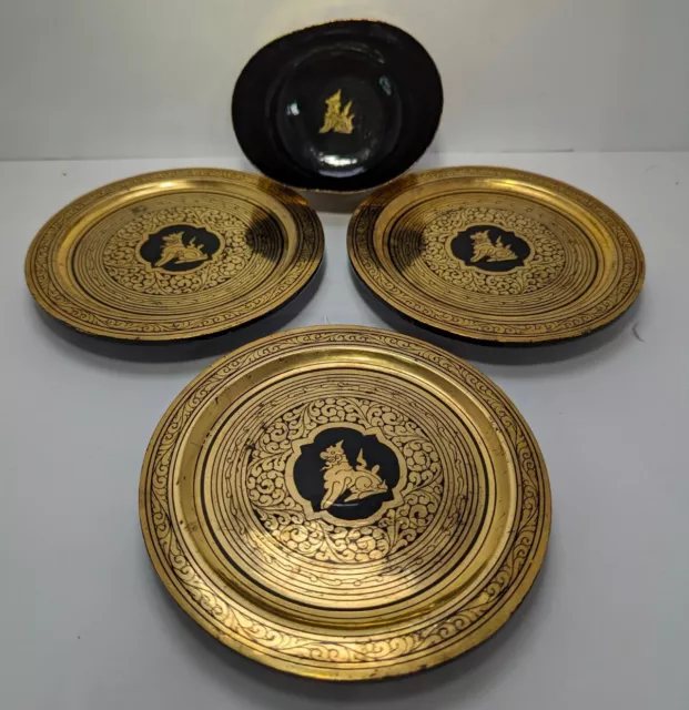 4 Pc Antique Burmese Black Lacquerware Gold Lion Motif Serving Shwe Wawa