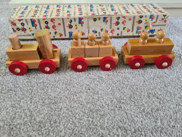 Rare Boxed & complete 1970's/80's vintage wooden toy train set with peg people
