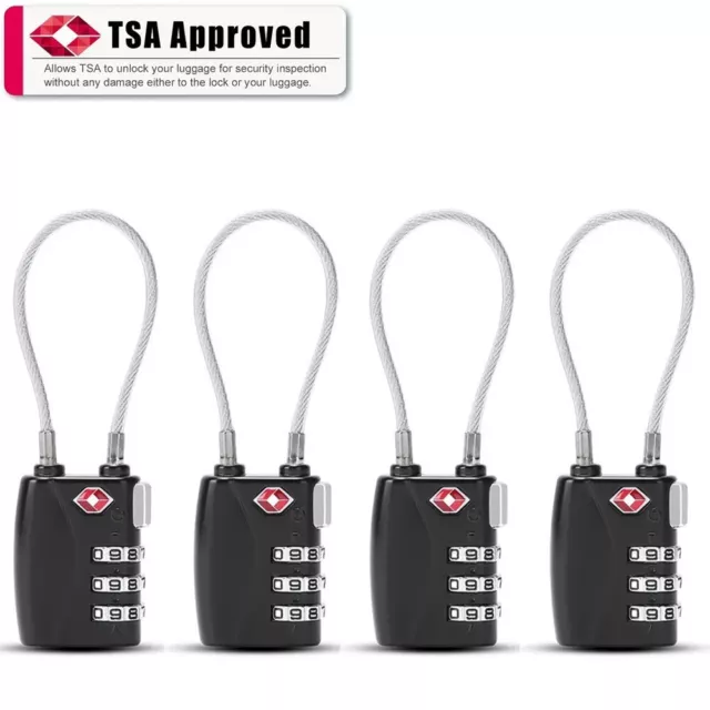 4 x TSA Approved 3 Digit Combination Suitcase Luggage Flexible Steel Cable Lock