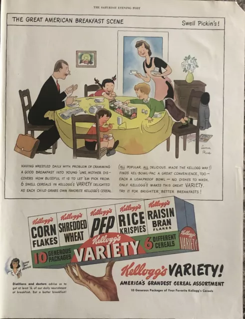 1947 Kelloggs Variety Pack Cereal VTG 1940s PRINT AD Breakfast - Pep Corn Flakes