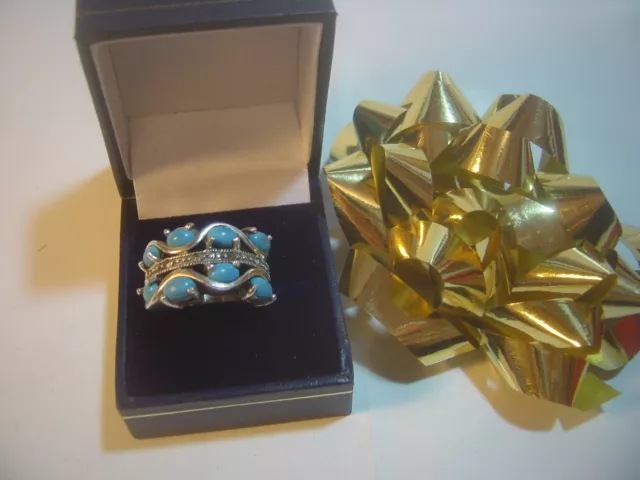 Vintage Solid Silver Stunning Large Turquoise & Marcasites Ring-Size M1/2 Heavy