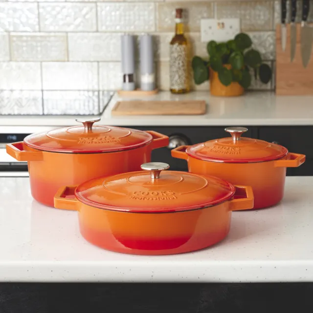 3 Piece Cast Iron Casserole Dish Set Cooking Pot Hob Oven 20/26 cm/28 cm Orange