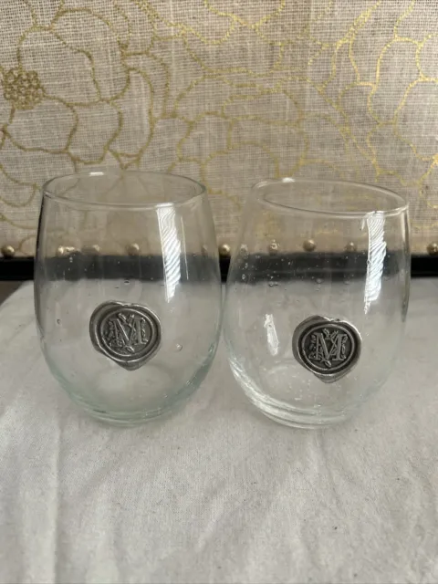 Stemless Wine Glasses Pewter Monogram “M”Bubble Glass Hand Blown Personalized-2