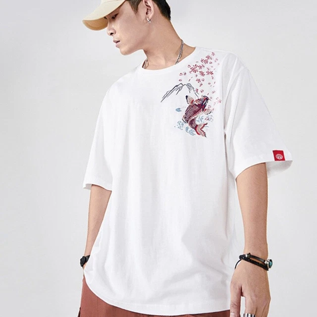 Uomo Pesce da Laghetto Koi Stampa Ricamo Manica Corta Tee Camicia Cinese Camicia