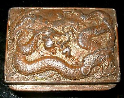 ANTIQUE EARLY 20th C JAPANESE ANTIMONY EMBOSSED DRAGON TRINKET BOX