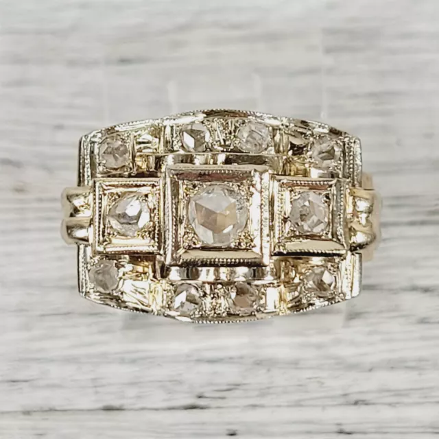 Antique Retro Era Rose Cut Diamond 18K Yellow Gold Tank Ring 6.25 Bold Luxury