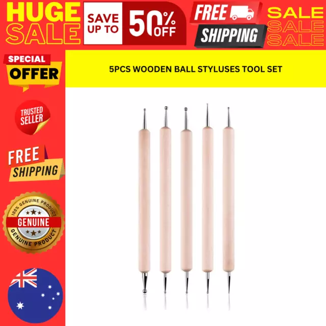 5Pcs Wooden Ball Styluses Tool Set for Embossing Pattern Clay Sculpting Nail Art