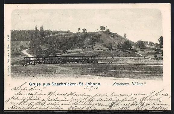 Saarbrücken-St. Johann., Blick auf die Spichern Höhen, Ansichtskarte 1903