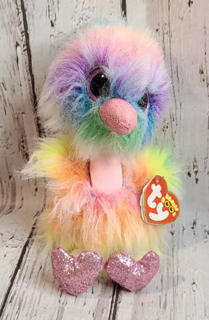 7" Beanie Boos Asha Rainbow Ostrich Stuffed Animal Beanbag Plush Glitter Eyes