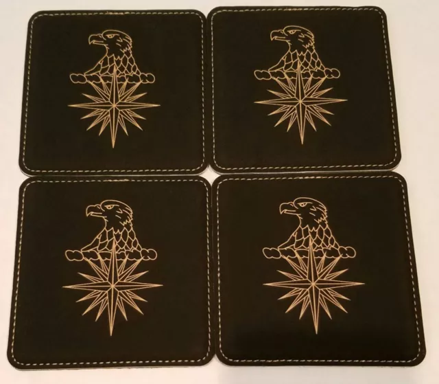 CIA Eagle Head 16 Point Compass Star 4" Black Leather Coasters Set of 4