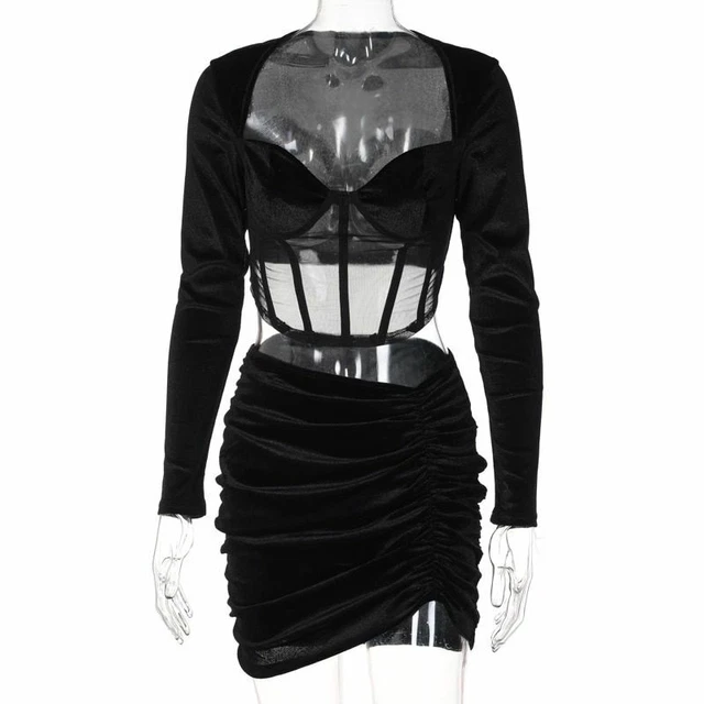 Manica Lunga Corsetto Top Corto Mini Gonna Set Aderente Solido Per Velluto Ruche