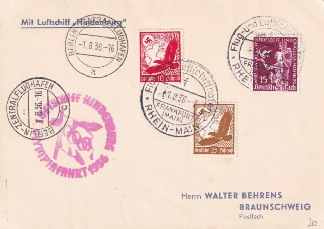 1936 Zeppelin  Hindenburg Olympiafahrt Karte Frankfurt - Berlin - Braunschweig