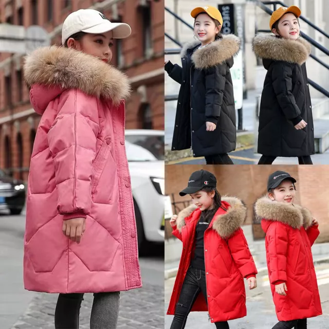 Kids Fur Hooded Jacket Girls Thicken Parka School Jackets Outwear Coat 3-14 Year