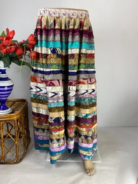 Indiano Fatto a Mano Vintage Misto Seta Sari Gonna Lunga Boemo Fronzoli Gonna