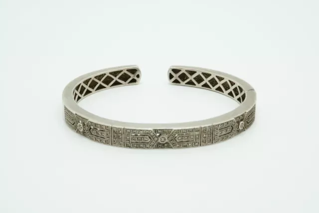 Sterling Silver & White Sapphire Hinged Cuff Bracelet with Intricate Design
