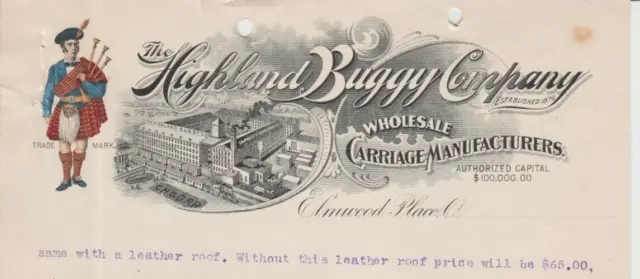 The Highland Buggy Company 1899 Letterhead Elmwood Place Ohio Colorful Scotsman