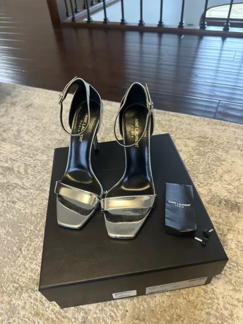 Saint Laurent JANE Silver Leather Open Toe Ankle Strap High Heel Sandals Sz 37.5