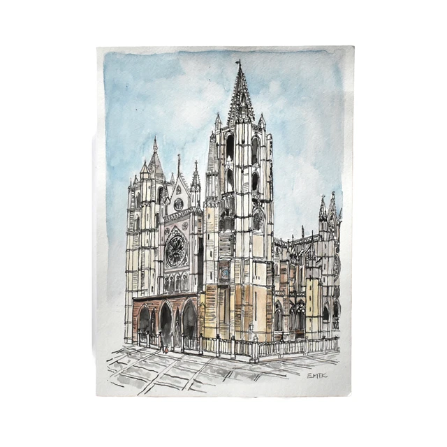 Vintage Mid-Century Signed Architectural Watercolor Painting of Gothic Cathedral