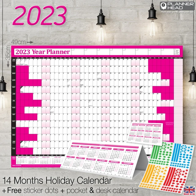2023 CALENDAR PLANNER A3 Wall Chart HOT PINK + FREE Desk Calender