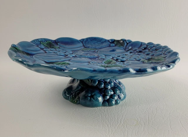 Vintage Inarco Blue Majolica Mood Indigo Footed Cake Plate E3462 Japan 3D Fruit