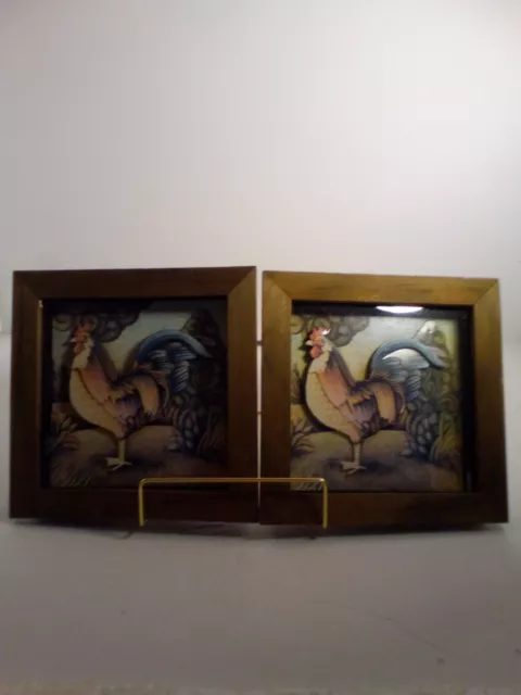 Pair of Rustic Wood Chicken Rooster Framed Shadow Box Wall Decor 8''x8'' Country