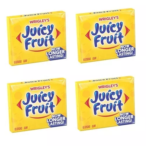 910415 4 x WRIGLEY'S WRIGLEYS JUICY FRUIT GUM 15 STICKS NOW LONGER LASTING