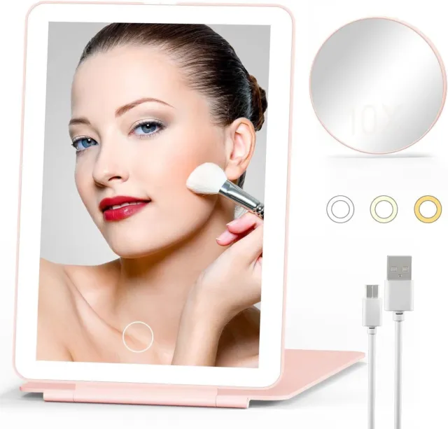 LED Travel Makeup Mirror with Lights 10x Magnifying Round Mirror Rechargeable
