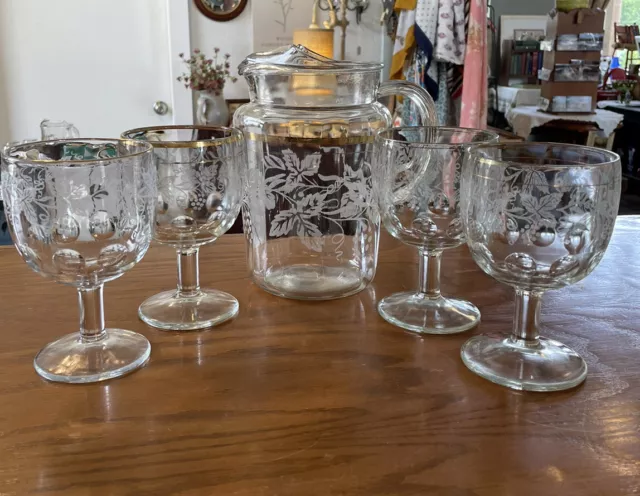 1940's VTG Bartlett Collins Etched Grapevine ICE LIP PITCHER & 4 GOBLETS