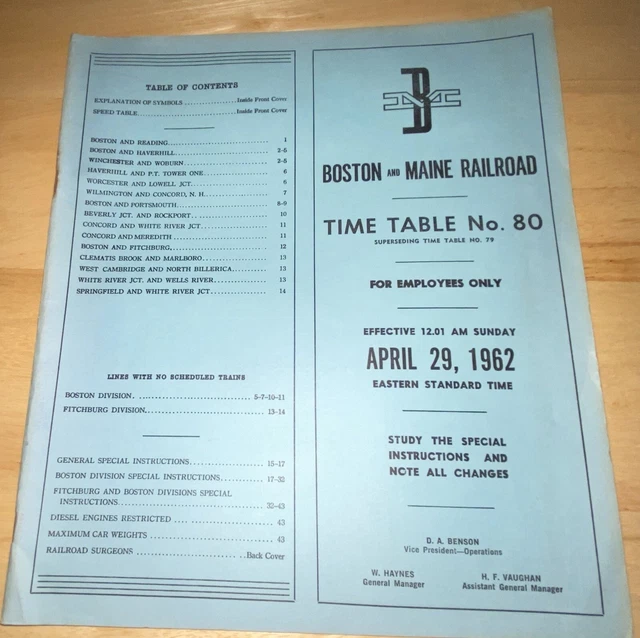 1962 Boston And Maine Railroad Time Table No. 80, Employees, Obsolete