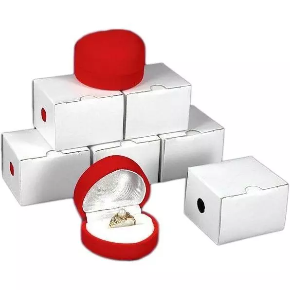 6 Ring Heart Gift Boxes Red Flocked Jewelry Display Box