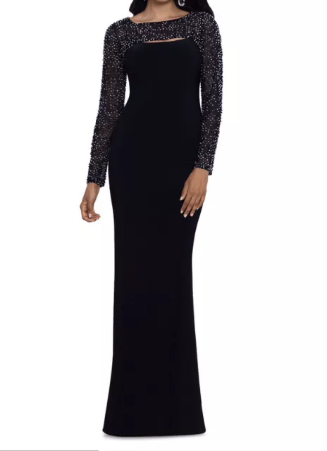 Betsy & Adam Women’s 2 Beaded Illusion Long Sleeve Mock Neck Cut-Out Sheath Gown