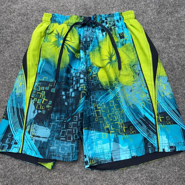 SPEEDO Swim Trunks Board Shorts Blue Green Abstract Lined Cargo Pocket Men's M