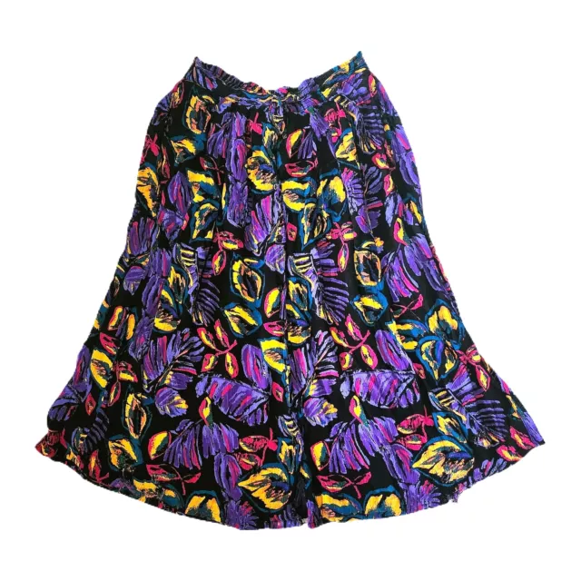 80s Early 90s Button Up Skirt Vivid Floral Pattern Graphic Purple Rework Fabric