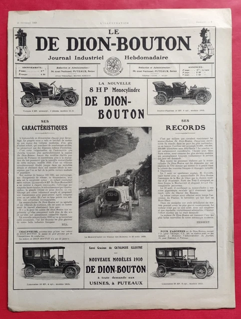 Publicité Ancienne De Dion-Bouton 1909 Issue De Magazine, Noir Et Blanc