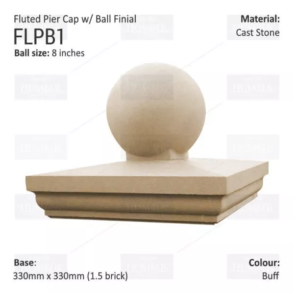 Fluted Pier Cap Cast Stone With Ball Finial, Portland/Buff, 4 Sizes Available