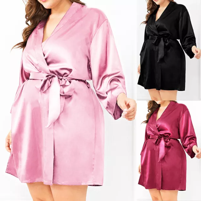 Plus Size Womens Silk Satin Kimono Robe Dressing Gown Bride Bathrobe Sleepwear