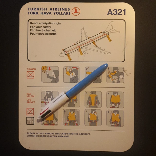 TURKISH AIRLINES AIRBUS A321 airline safety card Hava Yollary EUR 5,90