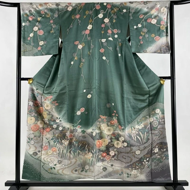 Woman Japanese Kimono Houmongi Silk Flower Running Water Gold Foil Shibori Green