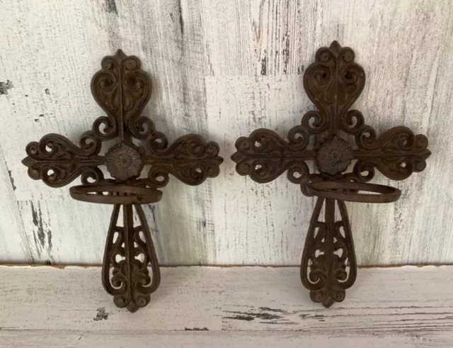 Two Heavy Cast Iron Metal Cross Wall Sconce Candle Holders 10" Tall x 7.25"