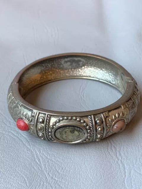 Ancient Silver Moroccan Berber Engraved Bracelet Antique Red Stone Vintage