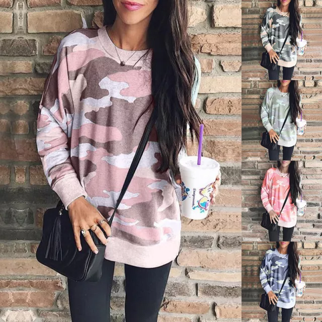 Womens Camouflage Long Sleeve Casual Tops Ladies Loose Pullover Blouse T Shirts