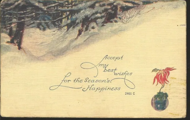 Vintage 1919 Christmas Best Wishes Post Card Potted Poinsettia Wintry Woods  